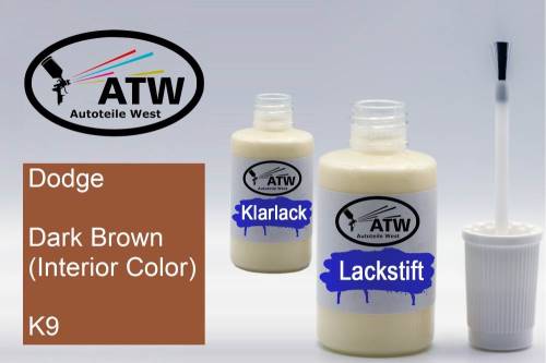 Dodge, Dark Brown (Interior Color), K9: 20ml Lackstift + 20ml Klarlack - Set, von ATW Autoteile West.